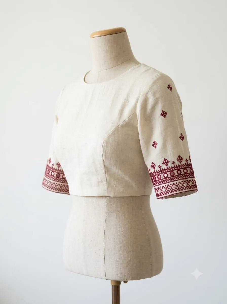 Raw Silk Kutch Work Saree Blouse with Mirror Work Border & Ethnic Buttis | Elegant Boat Neck Handcrafted Designer Blouse - Image 5