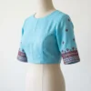 Raw Silk Kutch Work Saree Blouse with Mirror Work Border & Ethnic Buttis | Elegant Boat Neck Handcrafted Designer Blouse - Image 6