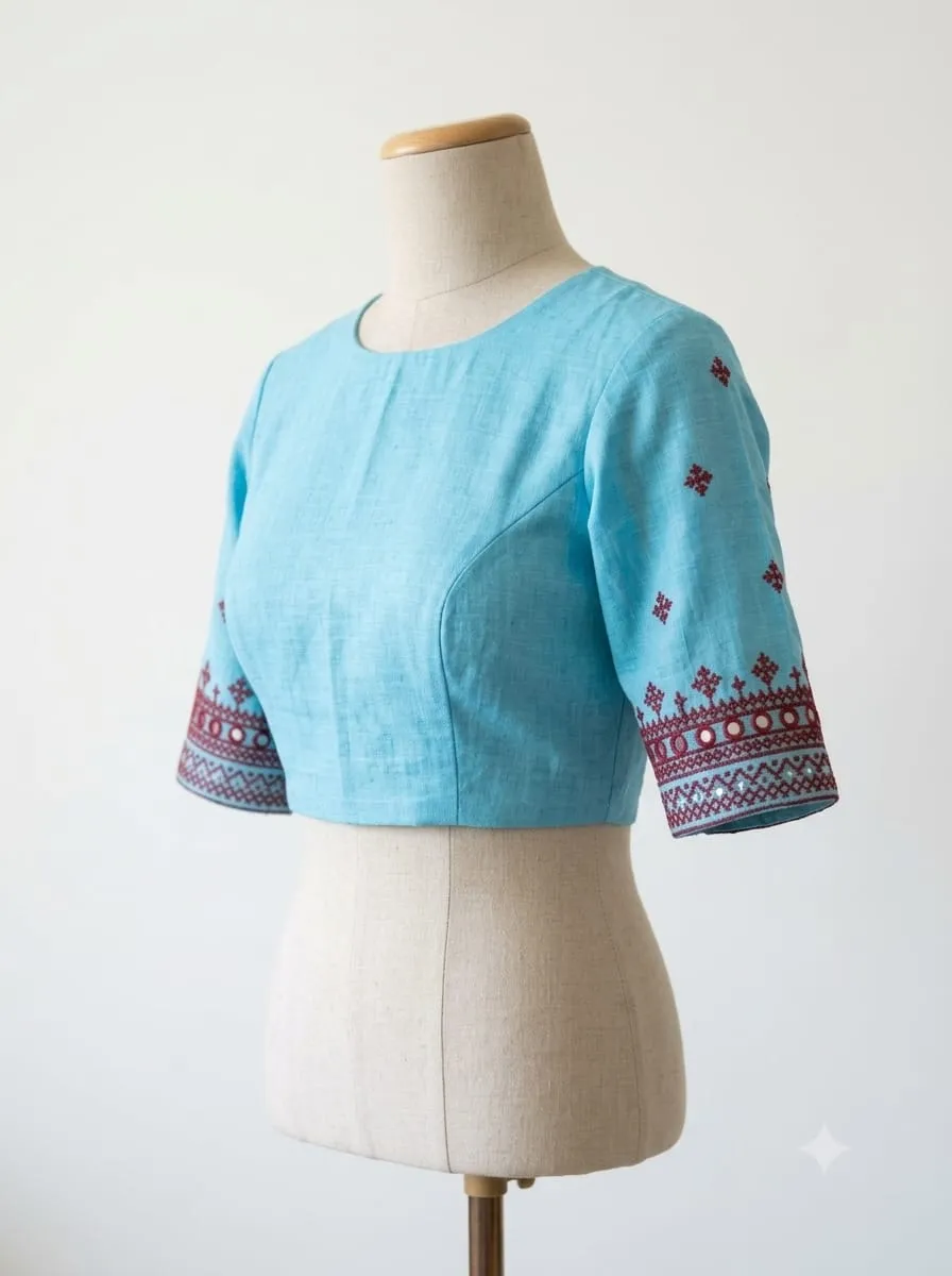 Raw Silk Kutch Work Saree Blouse with Mirror Work Border & Ethnic Buttis | Elegant Boat Neck Handcrafted Designer Blouse - Image 6