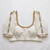 Raw Silk Kutch Work Saree Blouse with Sleek Mirror Borders & Dori Back | Elegant Round Neck Readymade Blouse