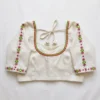 Raw Silk Kutch Work Saree Blouse with Sleek Mirror Borders & Dori Back | Elegant Round Neck Readymade Blouse - Image 5