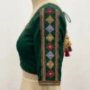 Raw Silk Mirror Work Saree Blouse – Kutchi Geometric Thread Embroidery Elbow Sleeve Readymade Blouse with Back Latkan