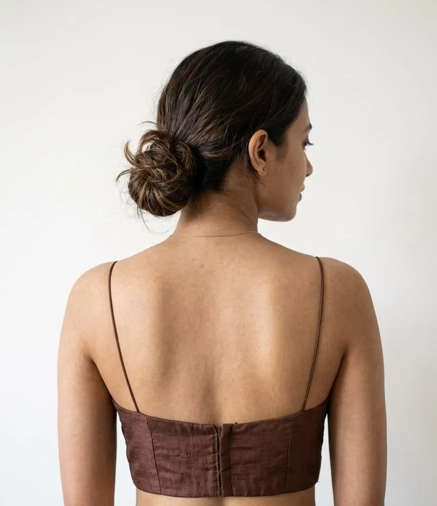 Raw Silk Noodle Strap Saree Blouse – Underbust Cut-Out Sleeveless Bustier Crop Top (Chocolate Brown)