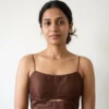 Raw Silk Noodle Strap Saree Blouse – Underbust Cut-Out Sleeveless Bustier Crop Top (Chocolate Brown) - Image 2