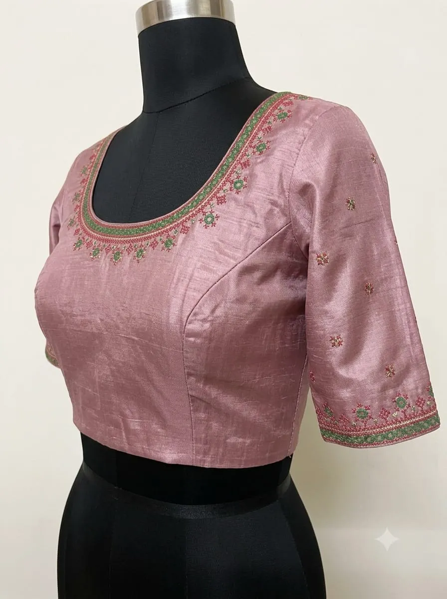 Raw Silk Readymade Saree Blouse – Elegant Neck & Sleeve Thread Embroidery Blouse with Princess Cut