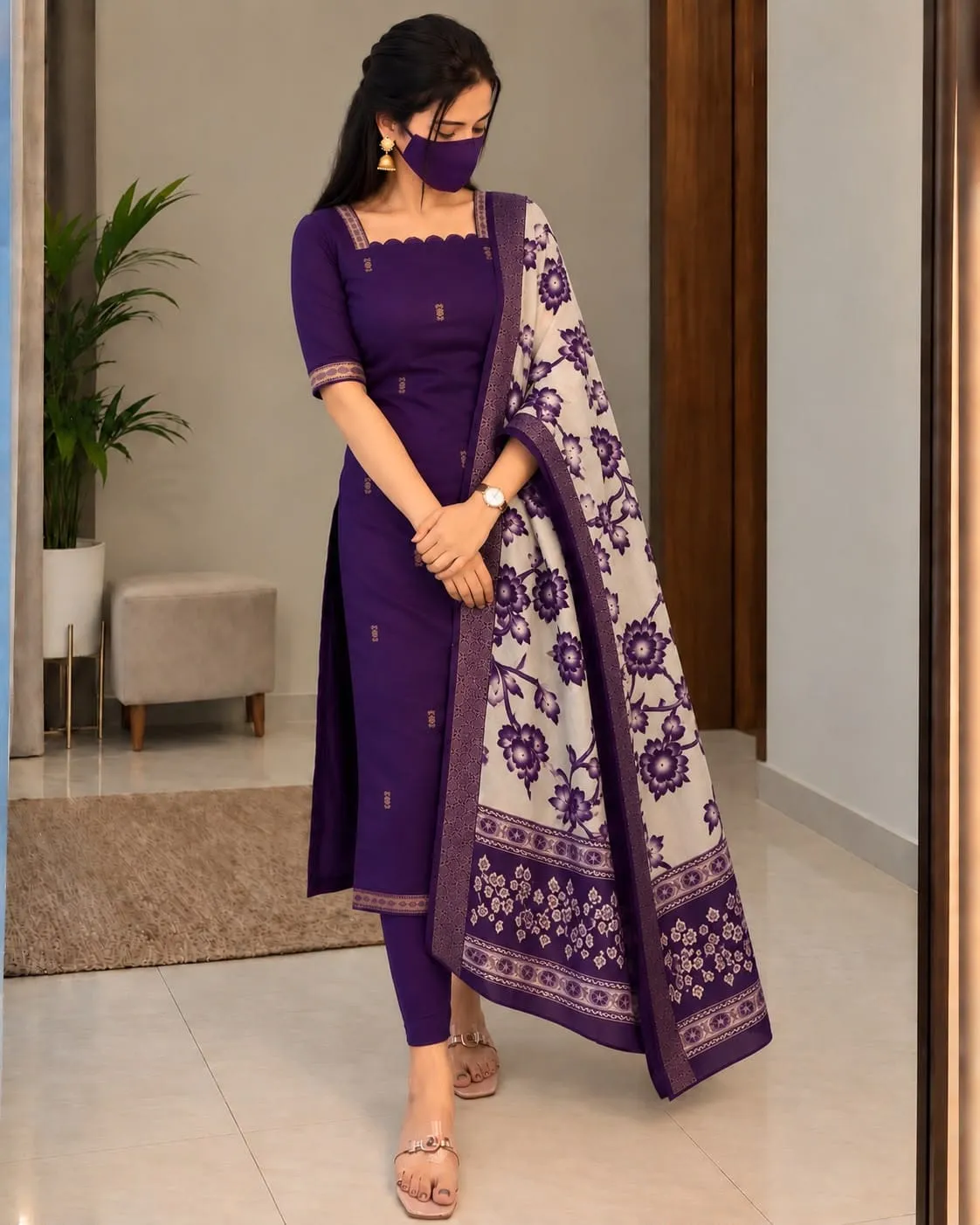 Ready-to-Wear Mangalagiri Butti Silk Cotton Kurta Pant Set with Authentic Kalamkari Dupatta