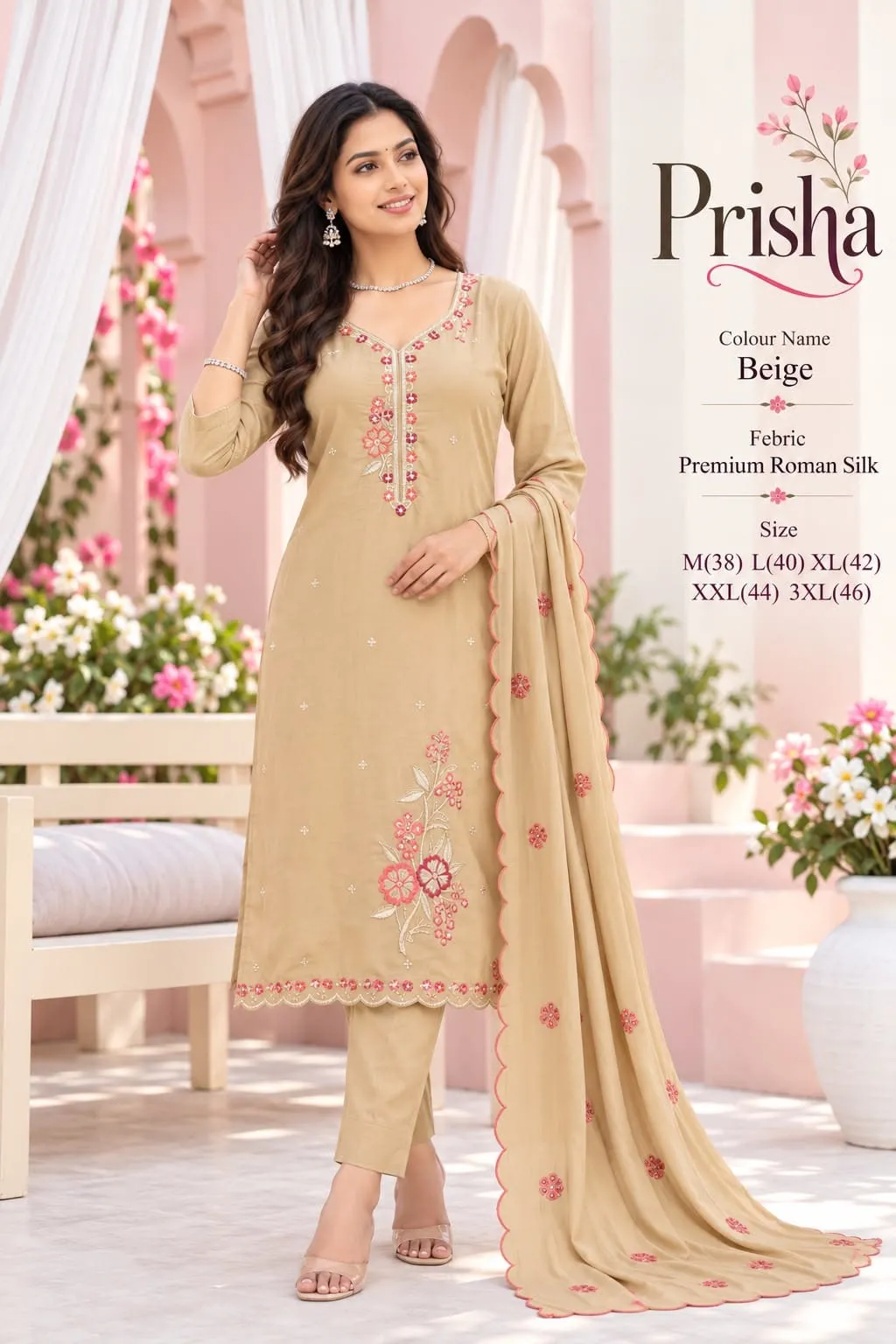 Roman Silk Straight Kurti with Pant & Dupatta Set | Floral Resham Embroidery Festive Ethnic Suit - Image 2