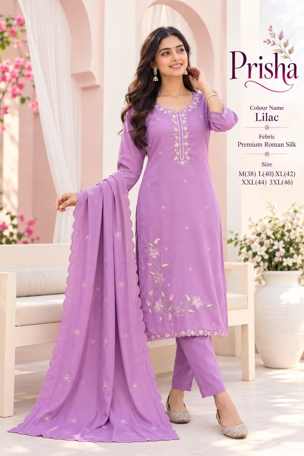Roman Silk Straight Kurti with Pant & Dupatta Set | Floral Resham Embroidery Festive Ethnic Suit - Image 3