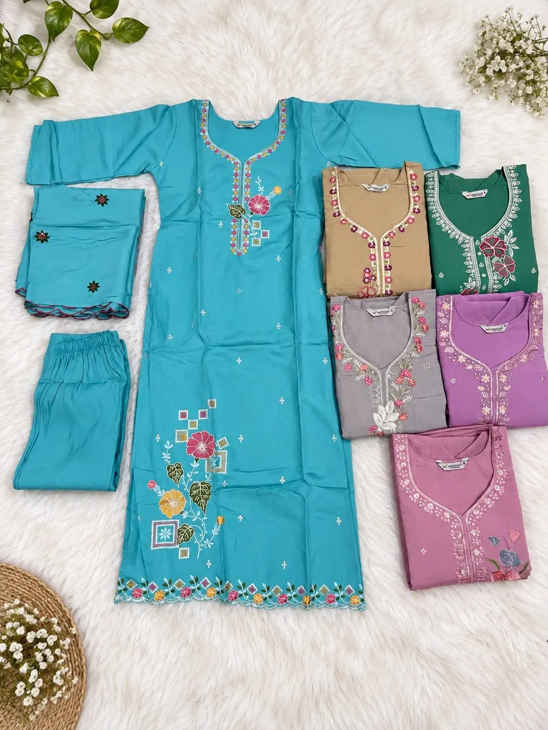Roman Silk Straight Kurti with Pant & Dupatta Set | Floral Resham Embroidery Festive Ethnic Suit - Image 4