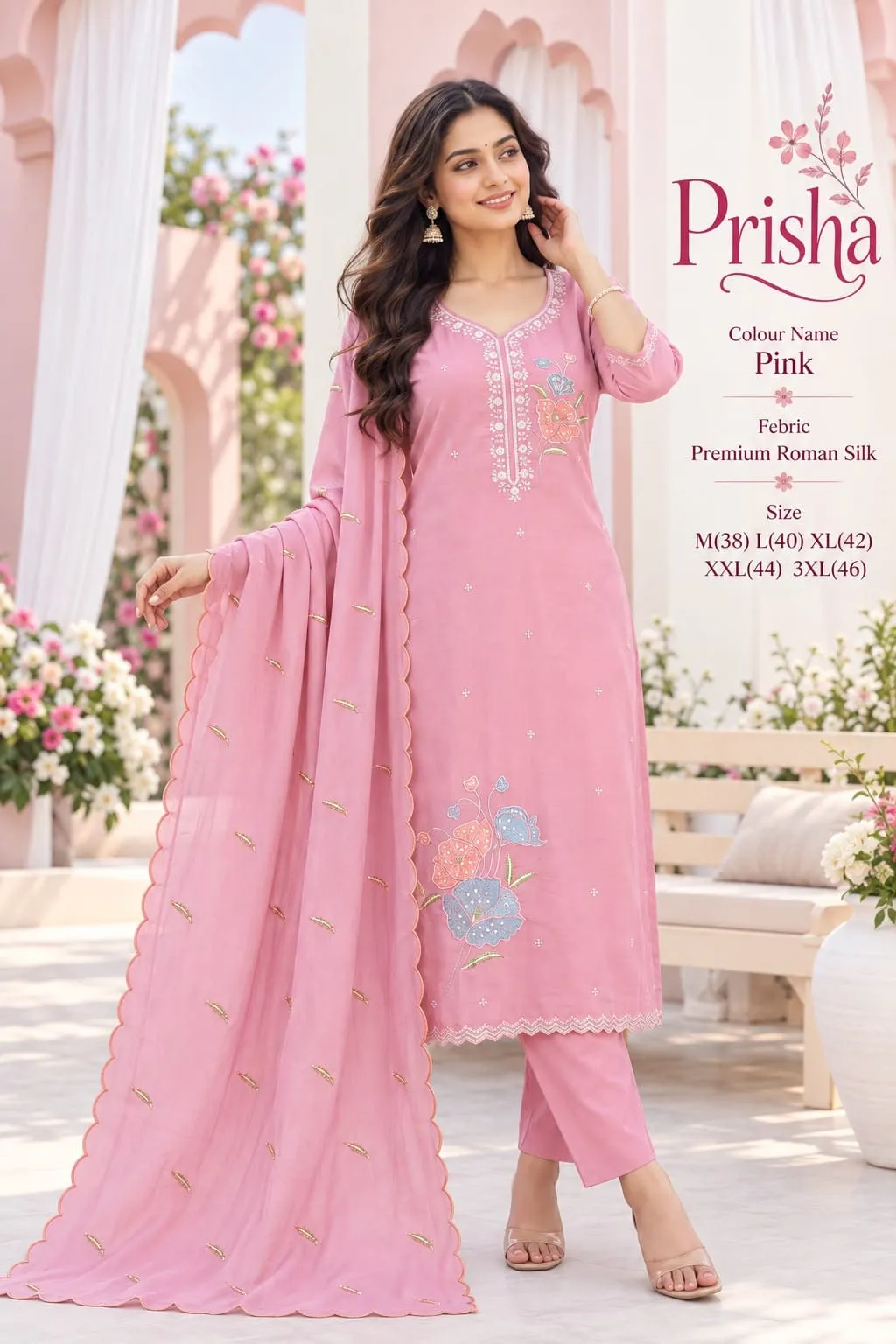 Roman Silk Straight Kurti with Pant & Dupatta Set | Floral Resham Embroidery Festive Ethnic Suit - Image 5
