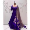 Royal Blue Raw Silk Anarkali Gown with Maggam Work Neckline & Tissue Banarasi Dupatta | Long Frock Set