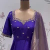 Royal Blue Raw Silk Anarkali Gown with Maggam Work Neckline & Tissue Banarasi Dupatta | Long Frock Set - Image 2