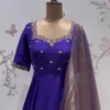 Royal Blue Raw Silk Anarkali Gown with Maggam Work Neckline & Tissue Banarasi Dupatta | Long Frock Set - Image 3