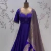 Royal Blue Raw Silk Anarkali Gown with Maggam Work Neckline & Tissue Banarasi Dupatta | Long Frock Set - Image 4