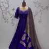Royal Blue Raw Silk Anarkali Gown with Maggam Work Neckline & Tissue Banarasi Dupatta | Long Frock Set - Image 5