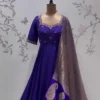 Royal Blue Raw Silk Anarkali Gown with Maggam Work Neckline & Tissue Banarasi Dupatta | Long Frock Set - Image 6