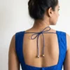 Royal Blue Raw Silk Sleeveless Saree Blouse – Deep Square Back Neck with Dori Tie-Up & Beads - Image 2