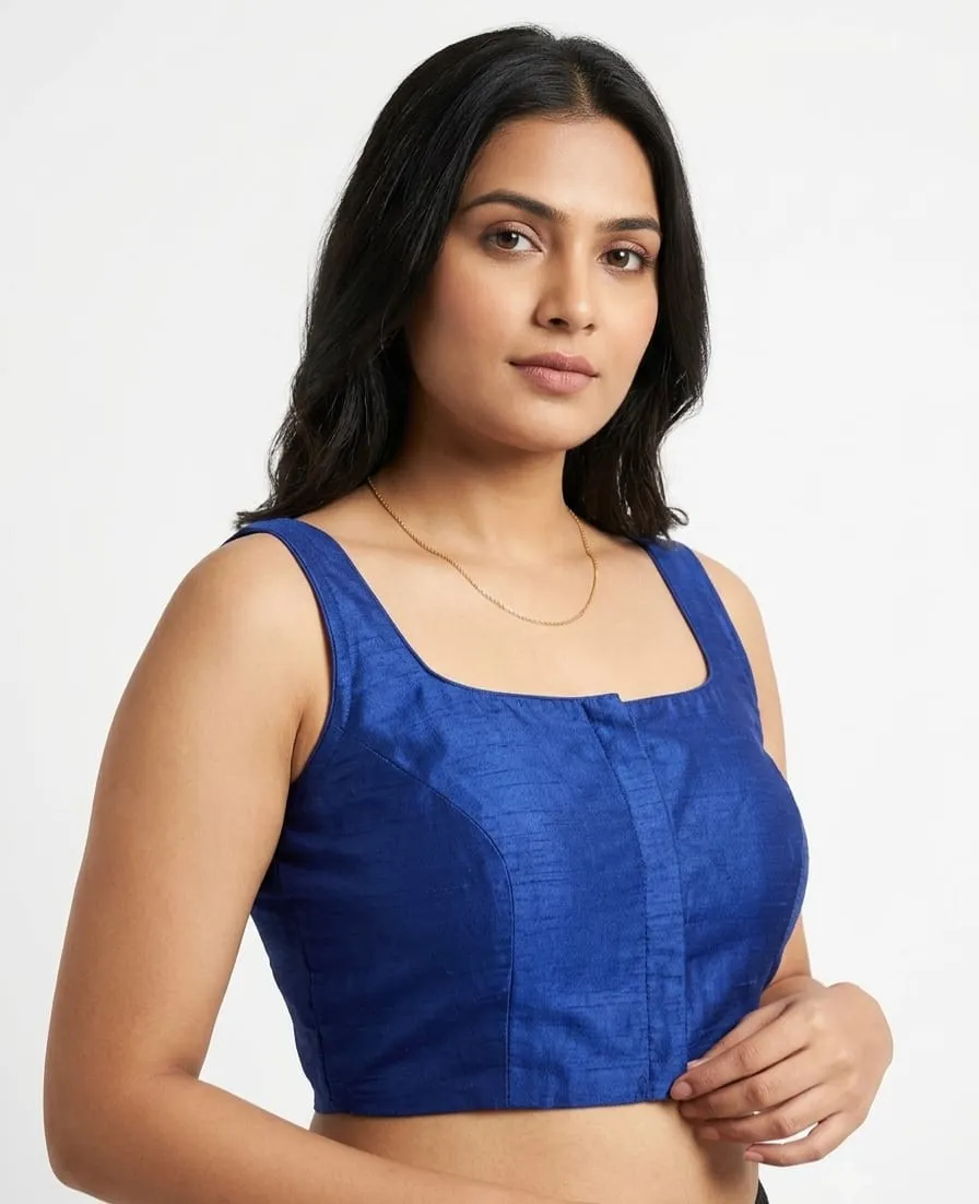 Royal Blue Raw Silk Sleeveless Saree Blouse – Front Hook Square Neck Modest Back Choli Top