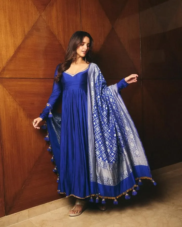 Royal Blue Silk Anarkali Dress with Banarasi Dupatta Set