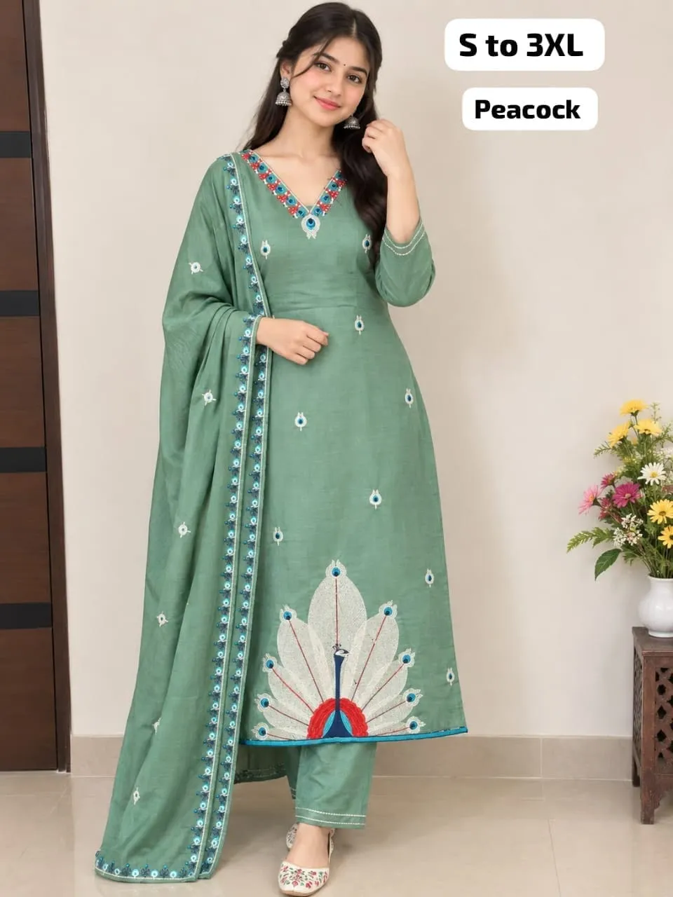 Royal Roman Silk Suit Set – Hand Embroidered Neck & Vibrant Peacock Motif Kurta with Pant and Dupatta (S to 3XL)