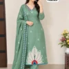 Royal Roman Silk Suit Set – Hand Embroidered Neck & Vibrant Peacock Motif Kurta with Pant and Dupatta (S to 3XL) - Image 5