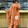 Rust Orange Pure Cotton 6060 Suit Set | Discharge Floral Print Kurti with Mirror Work & Dupatta - Image 3