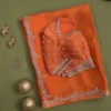 Rust Orange Silk Blouse with Scallop Cutwork Neckline | Handcrafted Silver Zardozi Embroidery Saree Choli - Image 2