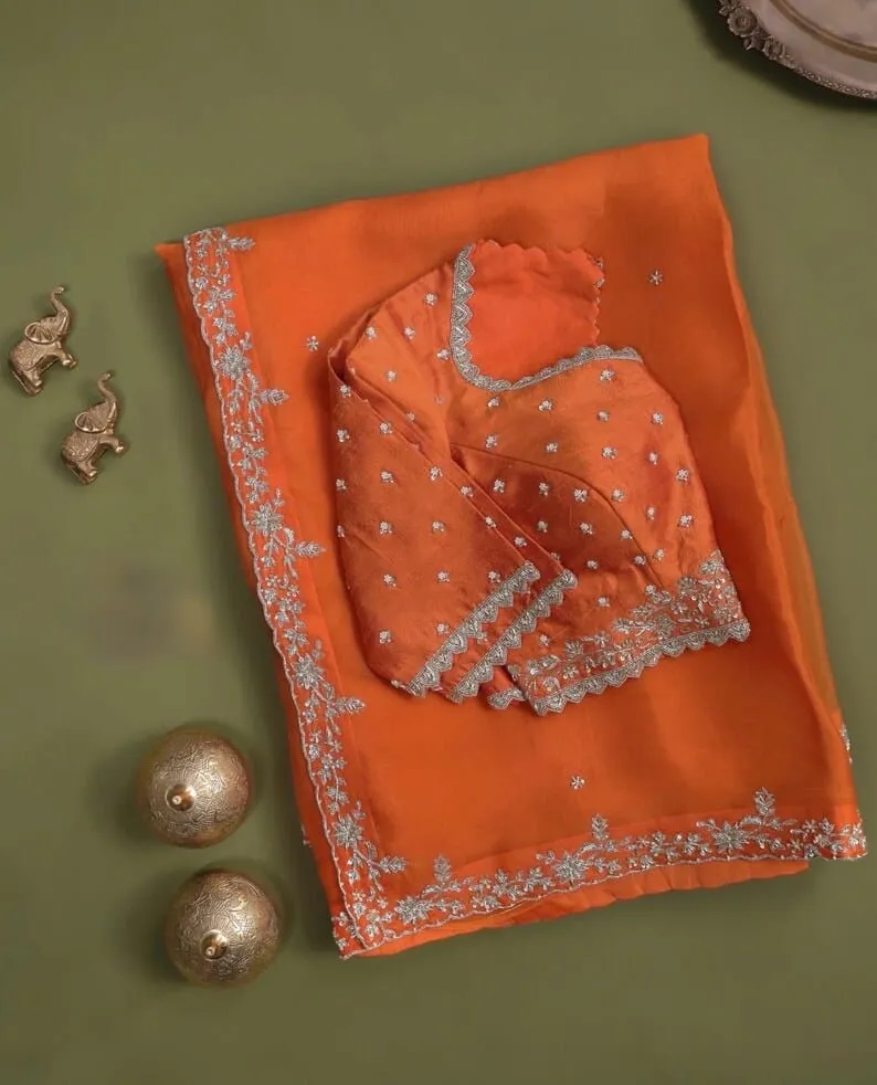 Rust Orange Silk Blouse with Scallop Cutwork Neckline | Handcrafted Silver Zardozi Embroidery Saree Choli - Image 2