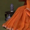Rust Orange Silk Blouse with Scallop Cutwork Neckline | Handcrafted Silver Zardozi Embroidery Saree Choli - Image 3