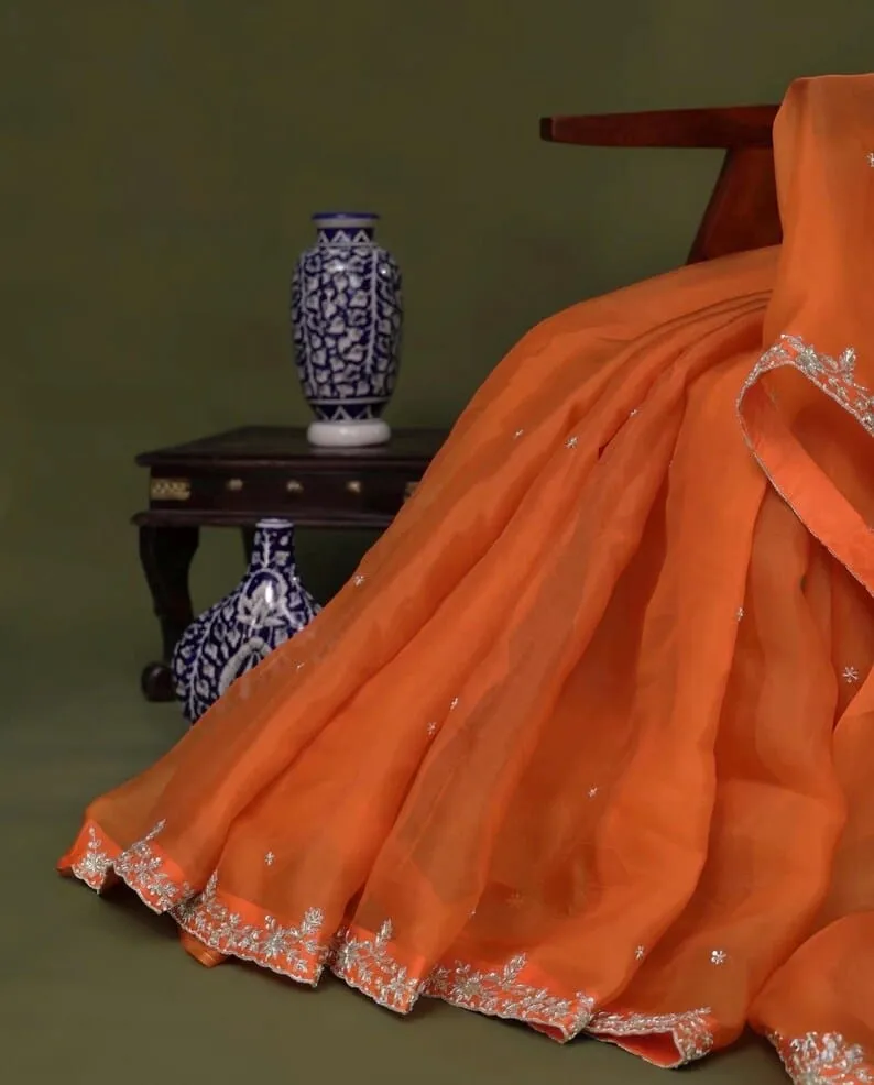 Rust Orange Silk Blouse with Scallop Cutwork Neckline | Handcrafted Silver Zardozi Embroidery Saree Choli - Image 3
