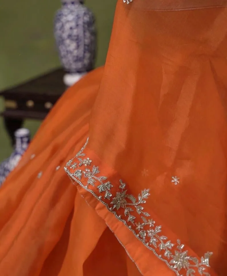 Rust Orange Silk Blouse with Scallop Cutwork Neckline | Handcrafted Silver Zardozi Embroidery Saree Choli - Image 4