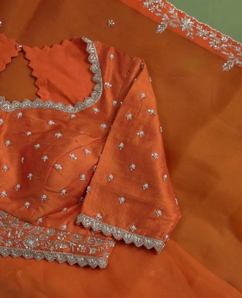 Rust Orange Silk Blouse with Scallop Cutwork Neckline | Handcrafted Silver Zardozi Embroidery Saree Choli - Image 5
