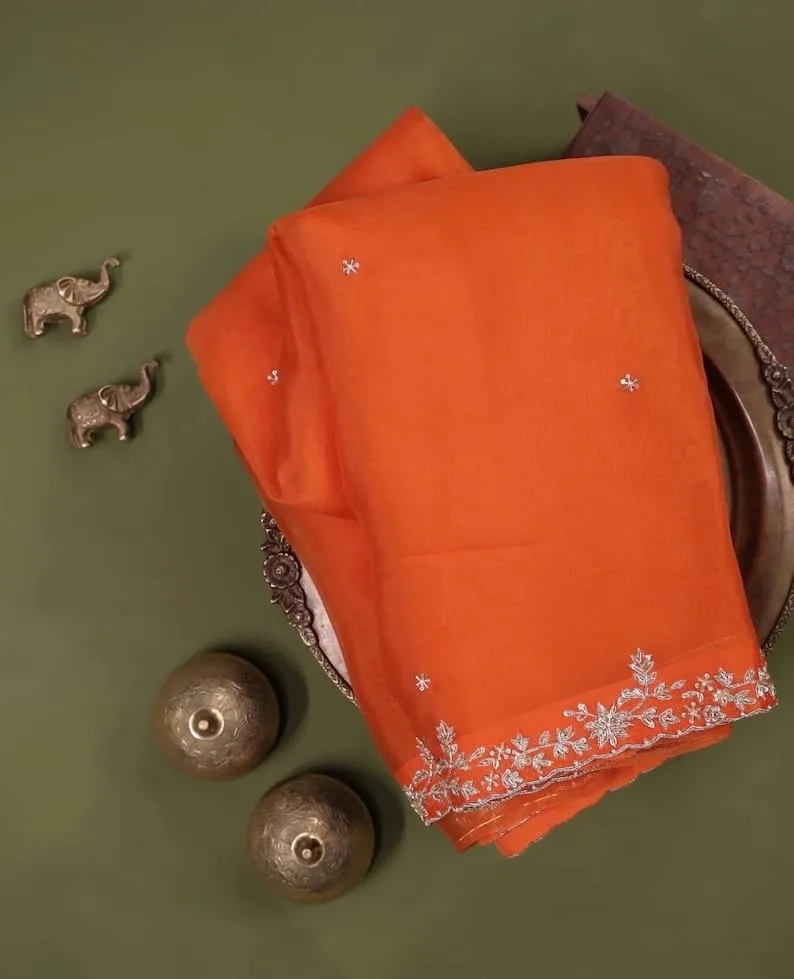Rust Orange Silk Blouse with Scallop Cutwork Neckline | Handcrafted Silver Zardozi Embroidery Saree Choli - Image 6