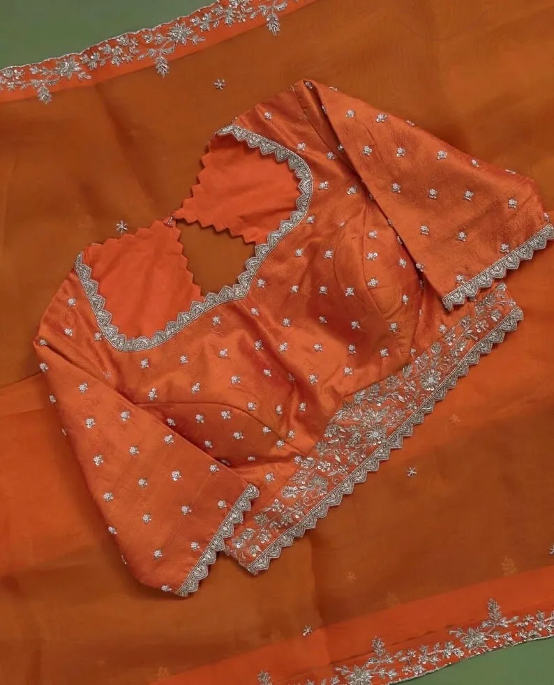 Rust Orange Silk Blouse with Scallop Cutwork Neckline | Handcrafted Silver Zardozi Embroidery Saree Choli - Image 8