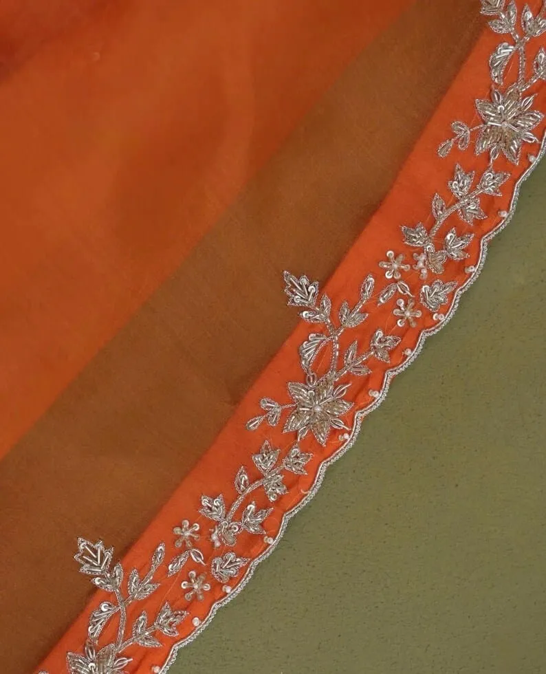 Rust Orange Silk Blouse with Scallop Cutwork Neckline | Handcrafted Silver Zardozi Embroidery Saree Choli - Image 9