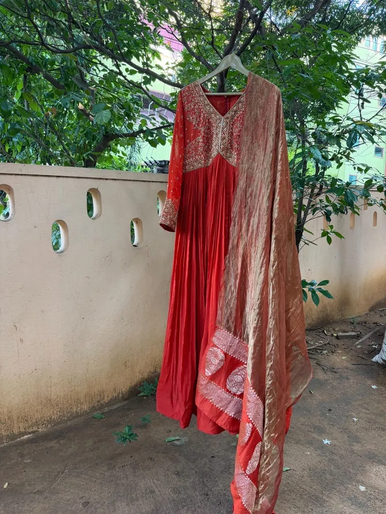 Rust Red Silk Anarkali Suit Set with Banarasi Tissue Dupatta | Handcrafted Zardozi Yoke Long Gown Dress