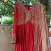 Rust Red Silk Anarkali Suit Set with Banarasi Tissue Dupatta | Handcrafted Zardozi Yoke Long Gown Dress - Image 2