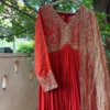 Rust Red Silk Anarkali Suit Set with Banarasi Tissue Dupatta | Handcrafted Zardozi Yoke Long Gown Dress - Image 3