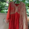 Rust Red Silk Anarkali Suit Set with Banarasi Tissue Dupatta | Handcrafted Zardozi Yoke Long Gown Dress - Image 4