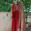Rust Red Silk Anarkali Suit Set with Banarasi Tissue Dupatta | Handcrafted Zardozi Yoke Long Gown Dress - Image 5