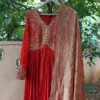 Rust Red Silk Anarkali Suit Set with Banarasi Tissue Dupatta | Handcrafted Zardozi Yoke Long Gown Dress - Image 7