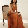 Rust Terracotta Silk Pleated Anarkali Dress with Detailed Zardozi Embroidery | Sleeveless Haldi Sangeet Bridesmaid Gown