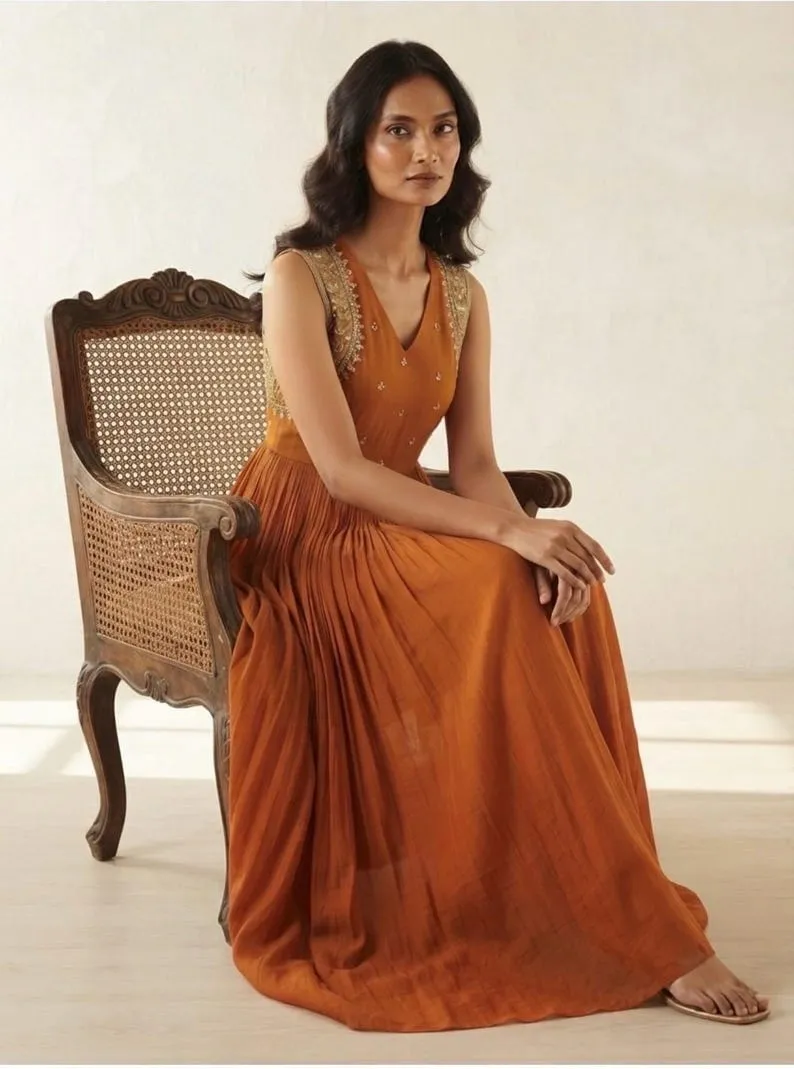 Rust Terracotta Silk Pleated Anarkali Dress with Detailed Zardozi Embroidery | Sleeveless Haldi Sangeet Bridesmaid Gown