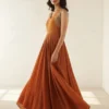 Rust Terracotta Silk Pleated Anarkali Dress with Detailed Zardozi Embroidery | Sleeveless Haldi Sangeet Bridesmaid Gown - Image 2