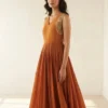 Rust Terracotta Silk Pleated Anarkali Dress with Detailed Zardozi Embroidery | Sleeveless Haldi Sangeet Bridesmaid Gown - Image 3