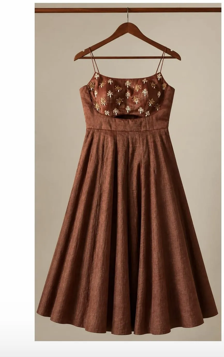 Rustic Brown Silk Strappy Anarkali Dress with Midriff Cutout & Gold Hand Embroidery | Modern Indo-Western Sangeet & Reception Bridesmaid Gown