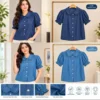 Silky Denim Peter Pan Collar Frill Top for Women – Short Puff Sleeve Button-Down Crop Shirt | Plus Size Casual Denim Blouse (XXL & 4XL) - Image 2