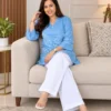 Sky Blue Embroidered Cotton Slub Co-Ord Set for Women – Collar Neck Short Kurti with White Trousers | Daily & Office Wear Ethnic 2-Piece Set
