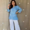 Sky Blue Embroidered Cotton Slub Co-Ord Set for Women – Collar Neck Short Kurti with White Trousers | Daily & Office Wear Ethnic 2-Piece Set - Image 3