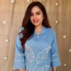 Sky Blue Embroidered Cotton Slub Co-Ord Set for Women – Collar Neck Short Kurti with White Trousers | Daily & Office Wear Ethnic 2-Piece Set - Image 4